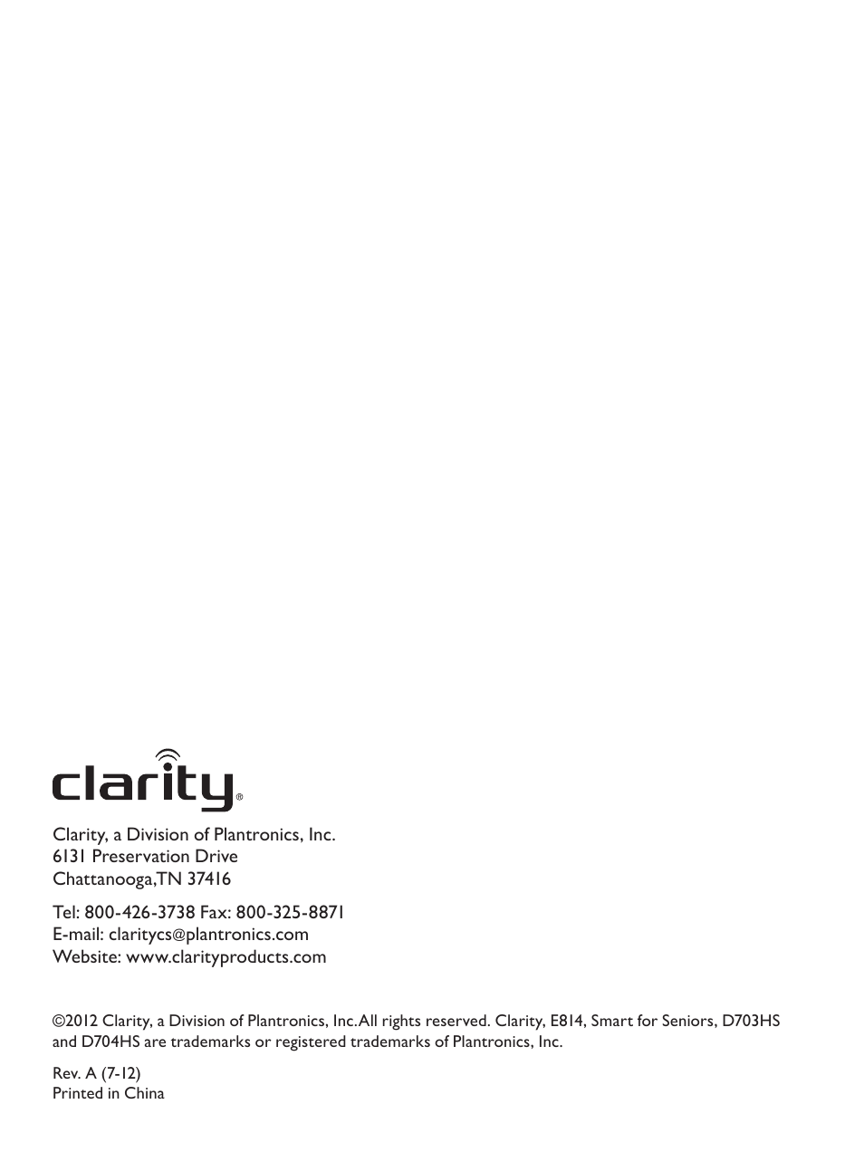 Clarity Amplified Big Button Corded Phone with Digital Answering Machine E814 User Manual | Page 64 / 64