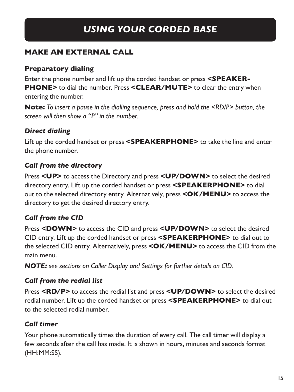 Using your corded base | Clarity Amplified Big Button Cordless Phone with Corded Digital Answering Machine E713CC User Manual | Page 15 / 64