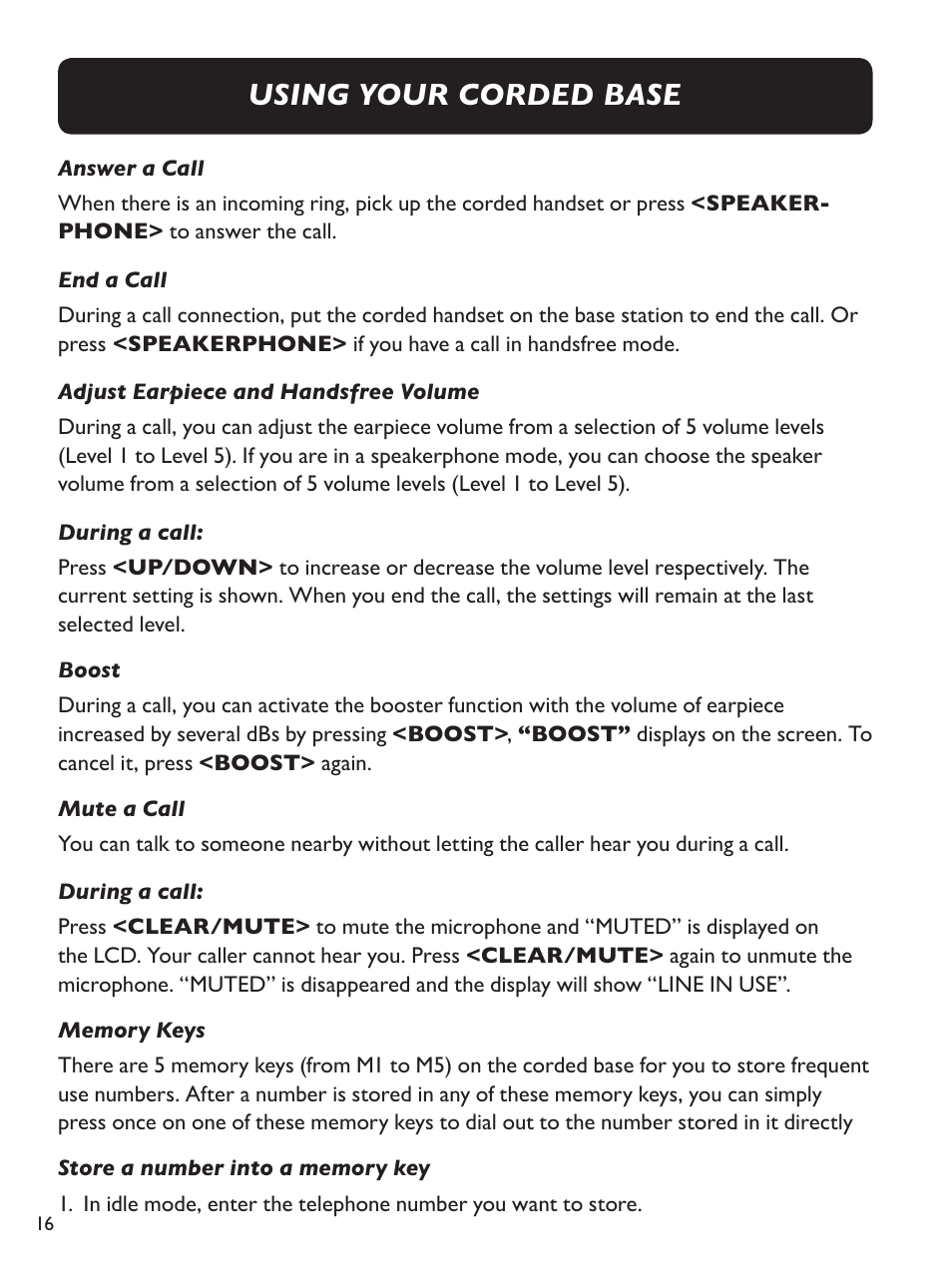 Using your corded base | Clarity Amplified Big Button Cordless Phone with Corded Digital Answering Machine E713CC User Manual | Page 16 / 64