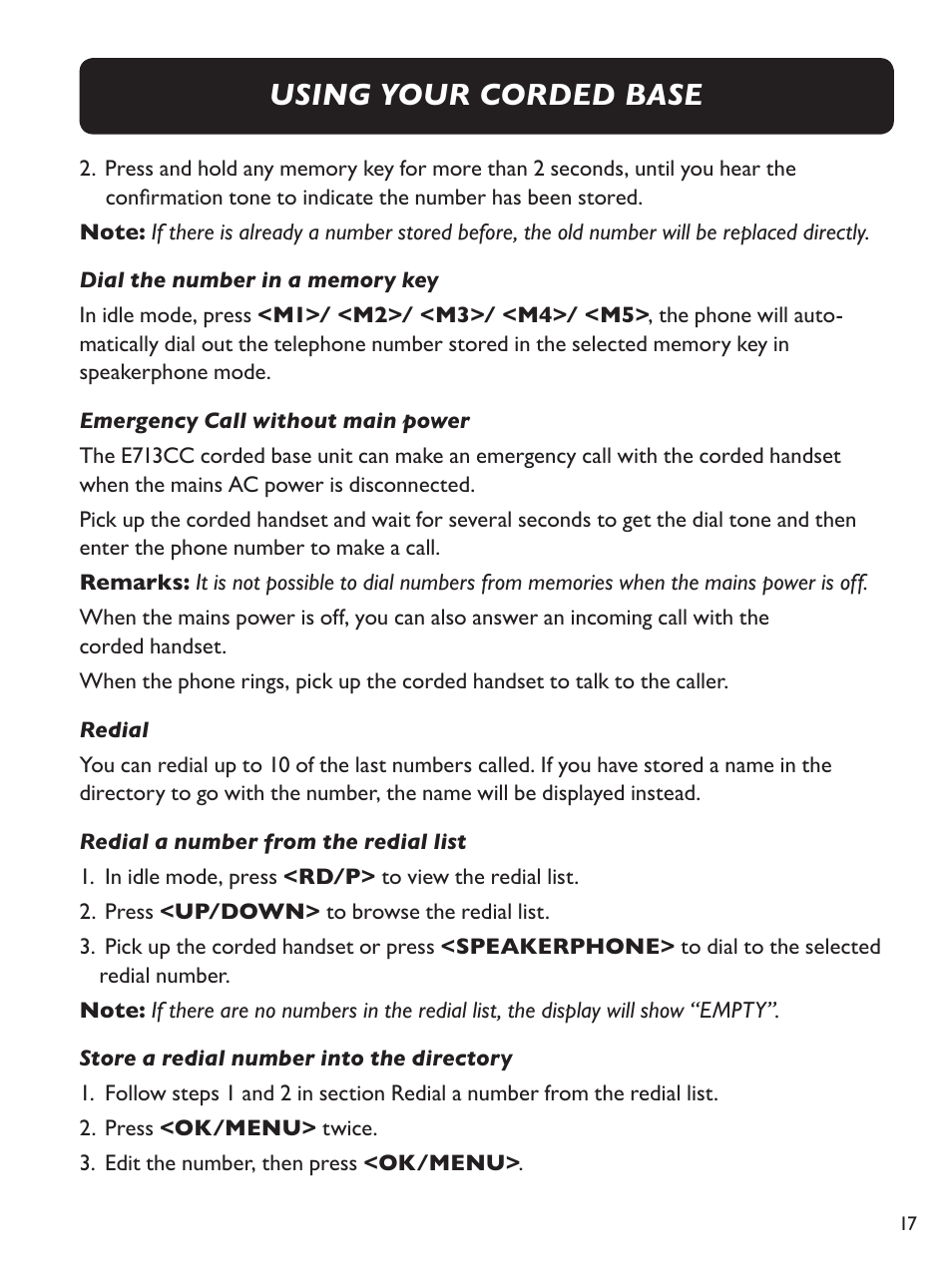 Using your corded base | Clarity Amplified Big Button Cordless Phone with Corded Digital Answering Machine E713CC User Manual | Page 17 / 64