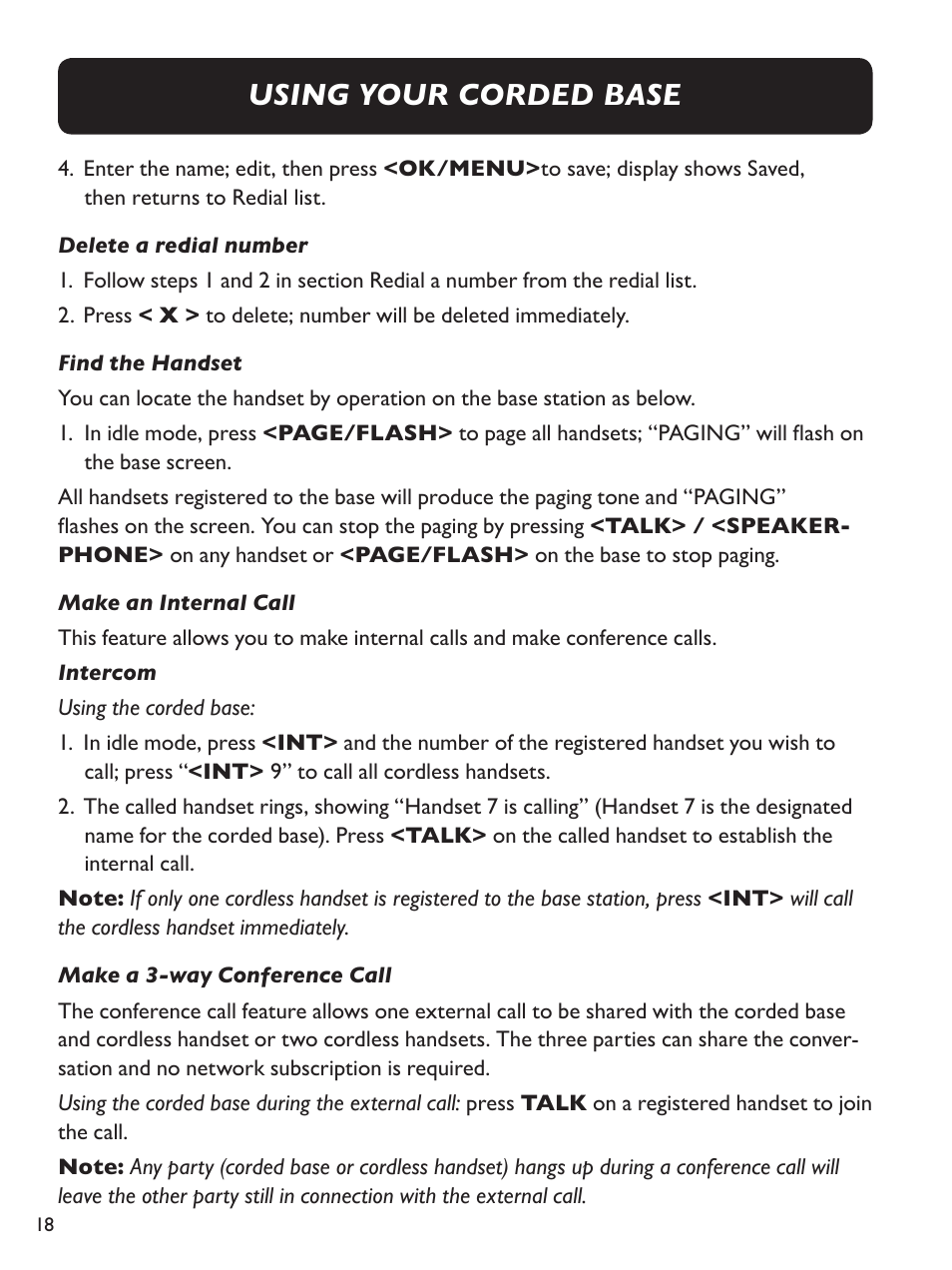 Using your corded base | Clarity Amplified Big Button Cordless Phone with Corded Digital Answering Machine E713CC User Manual | Page 18 / 64