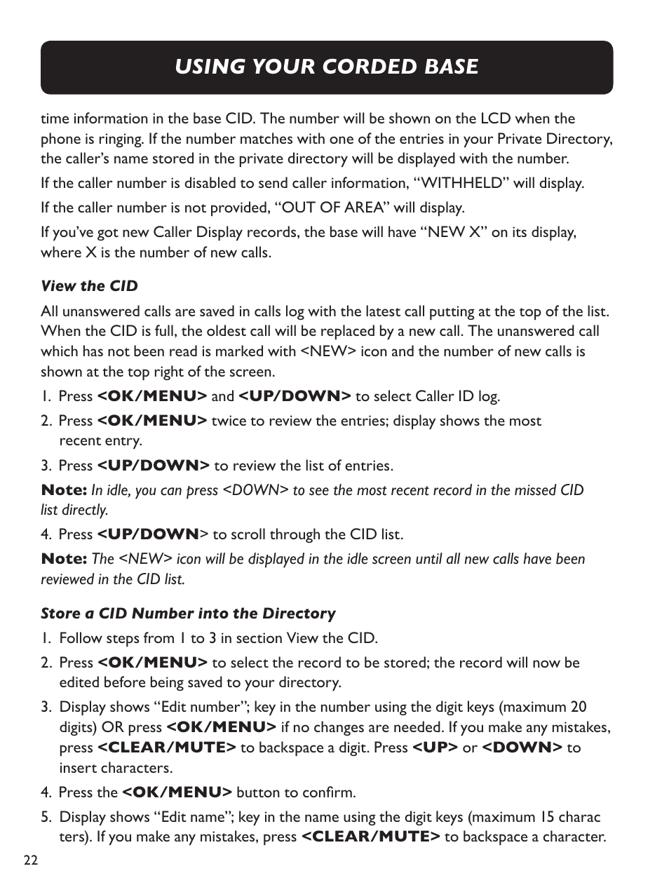 Using your corded base | Clarity Amplified Big Button Cordless Phone with Corded Digital Answering Machine E713CC User Manual | Page 22 / 64