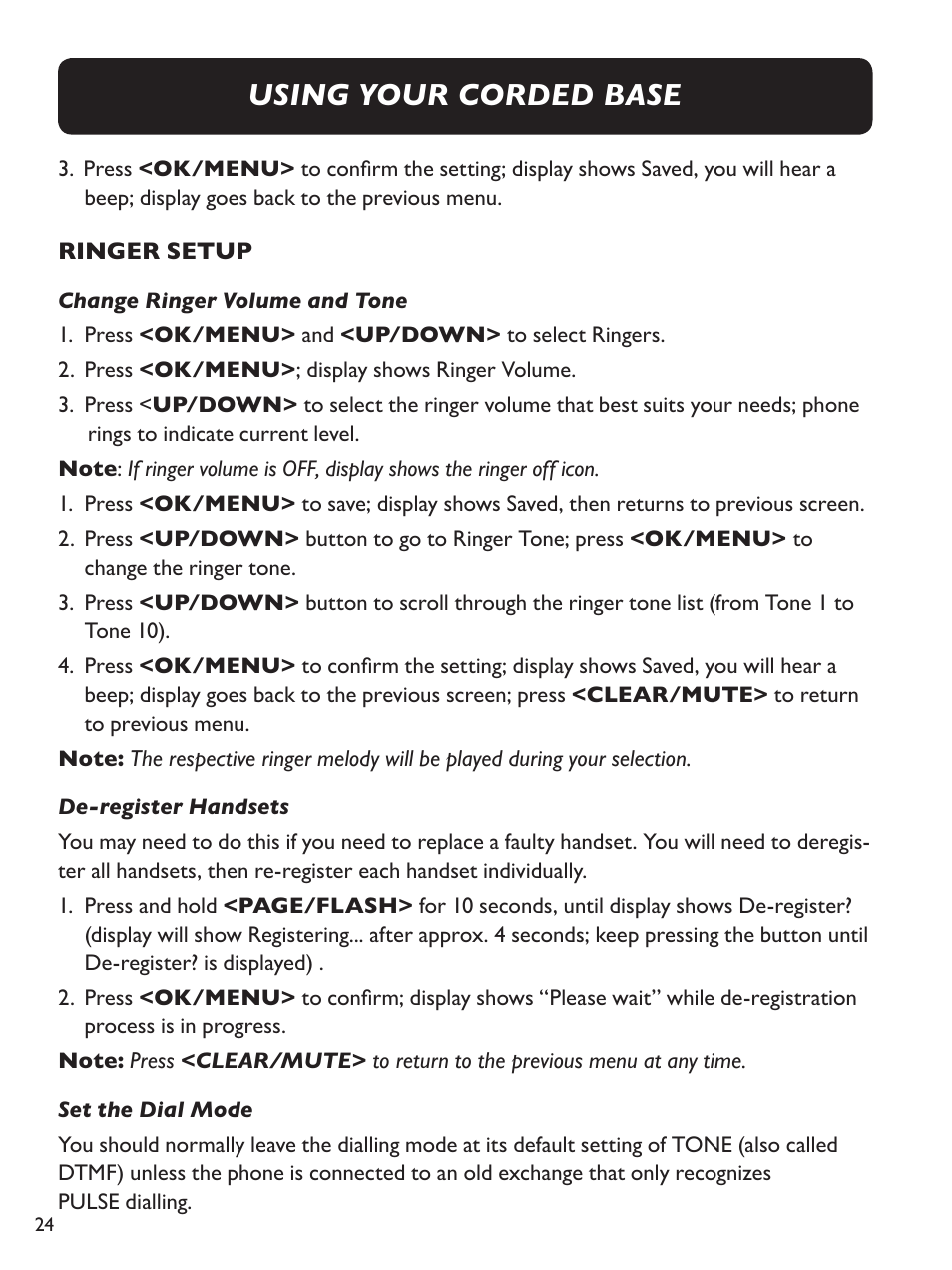 Using your corded base | Clarity Amplified Big Button Cordless Phone with Corded Digital Answering Machine E713CC User Manual | Page 24 / 64