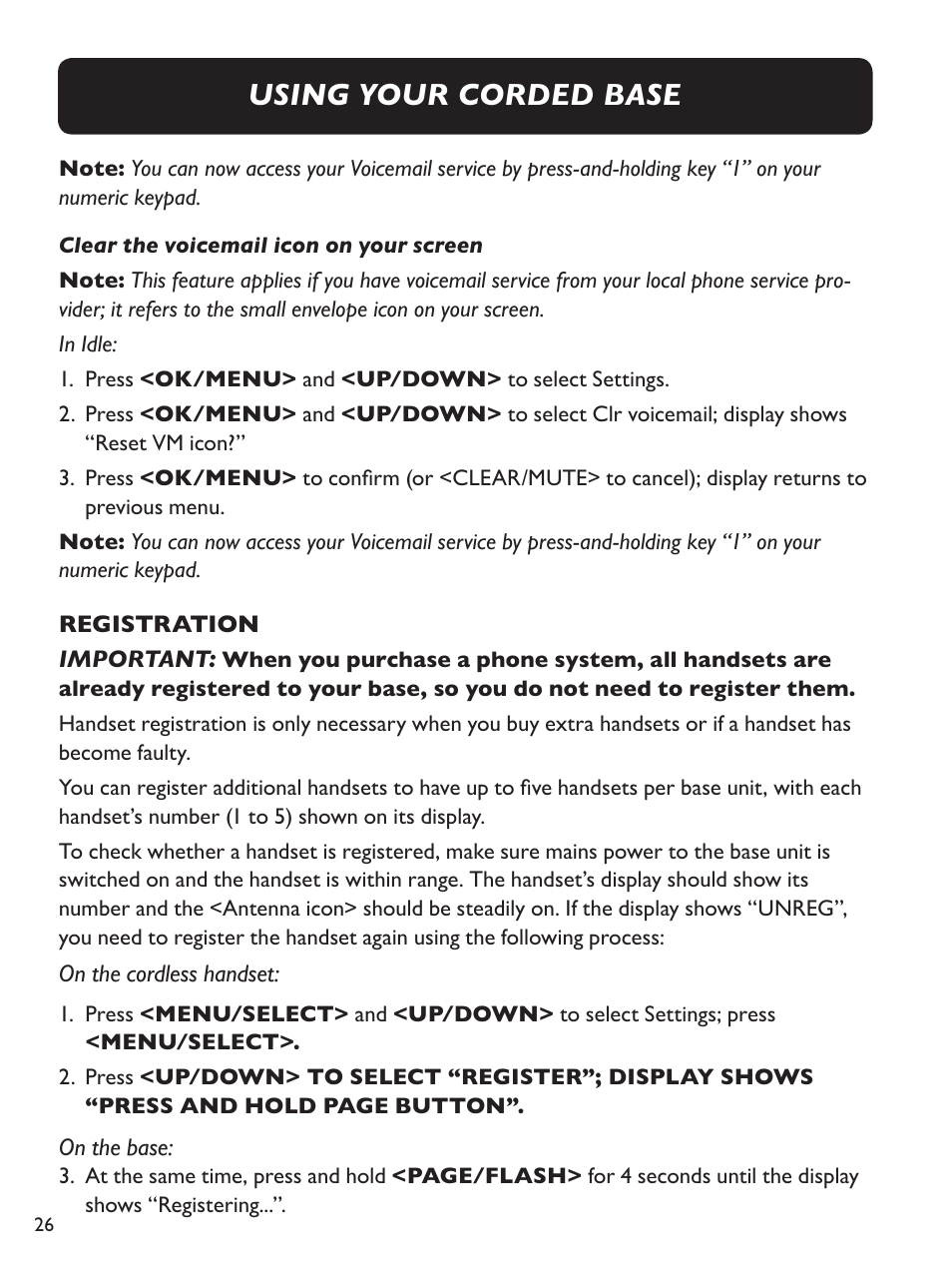 Using your corded base | Clarity Amplified Big Button Cordless Phone with Corded Digital Answering Machine E713CC User Manual | Page 26 / 64