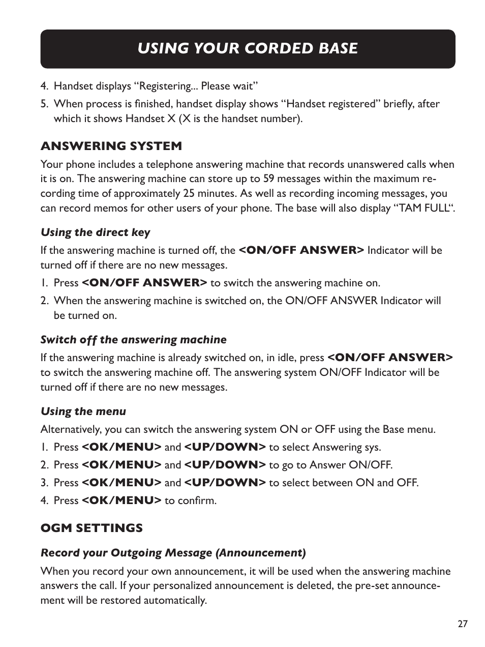 Using your corded base | Clarity Amplified Big Button Cordless Phone with Corded Digital Answering Machine E713CC User Manual | Page 27 / 64