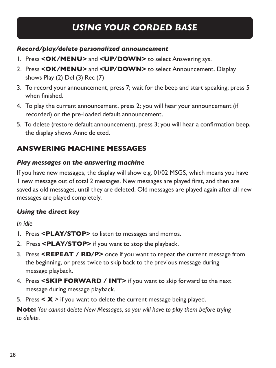 Using your corded base | Clarity Amplified Big Button Cordless Phone with Corded Digital Answering Machine E713CC User Manual | Page 28 / 64