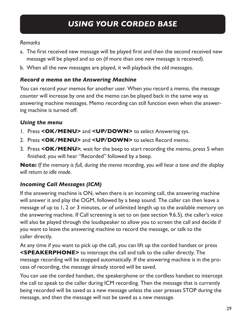 Using your corded base | Clarity Amplified Big Button Cordless Phone with Corded Digital Answering Machine E713CC User Manual | Page 29 / 64