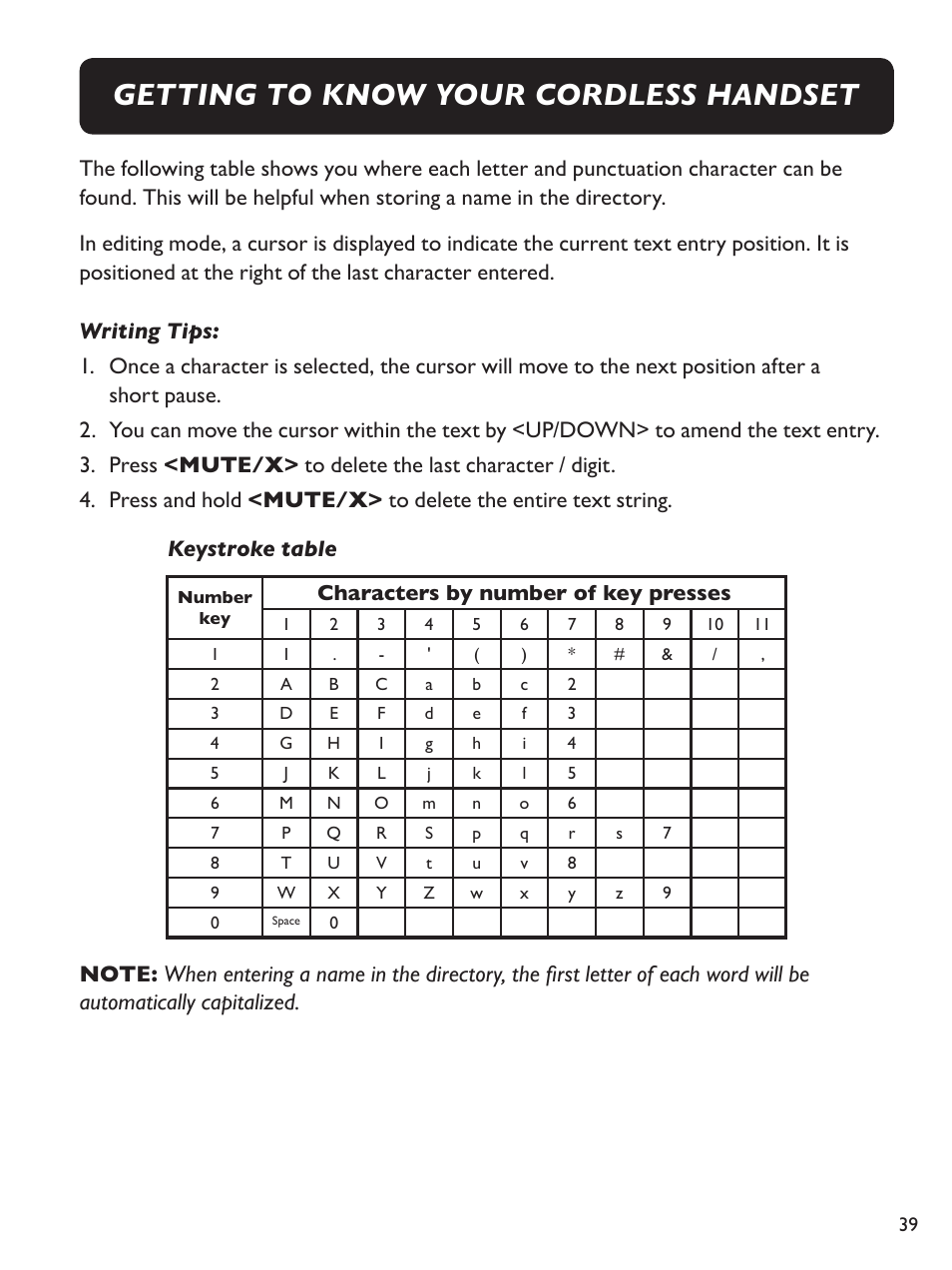 Getting to know your cordless handset, Characters by number of key presses | Clarity Amplified Big Button Cordless Phone with Corded Digital Answering Machine E713CC User Manual | Page 39 / 64
