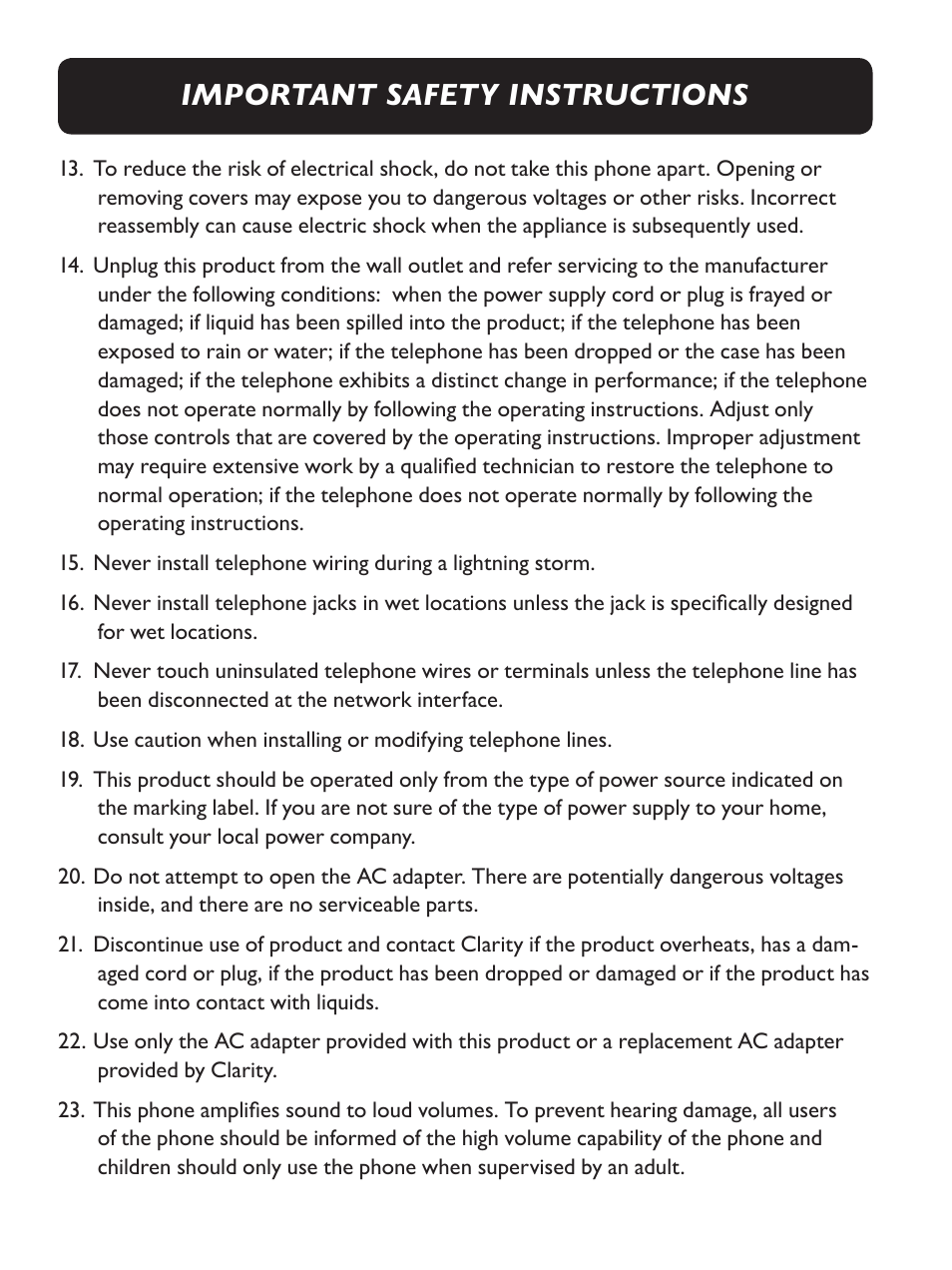 Important safety instructions | Clarity Amplified Big Button Cordless Phone with Corded Digital Answering Machine E713CC User Manual | Page 4 / 64