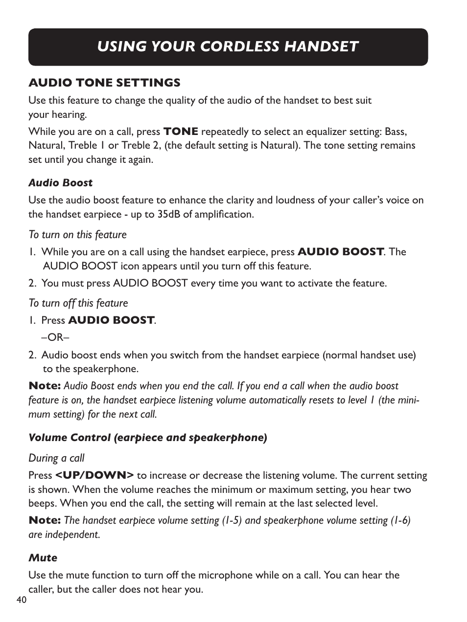 Using your cordless handset | Clarity Amplified Big Button Cordless Phone with Corded Digital Answering Machine E713CC User Manual | Page 40 / 64