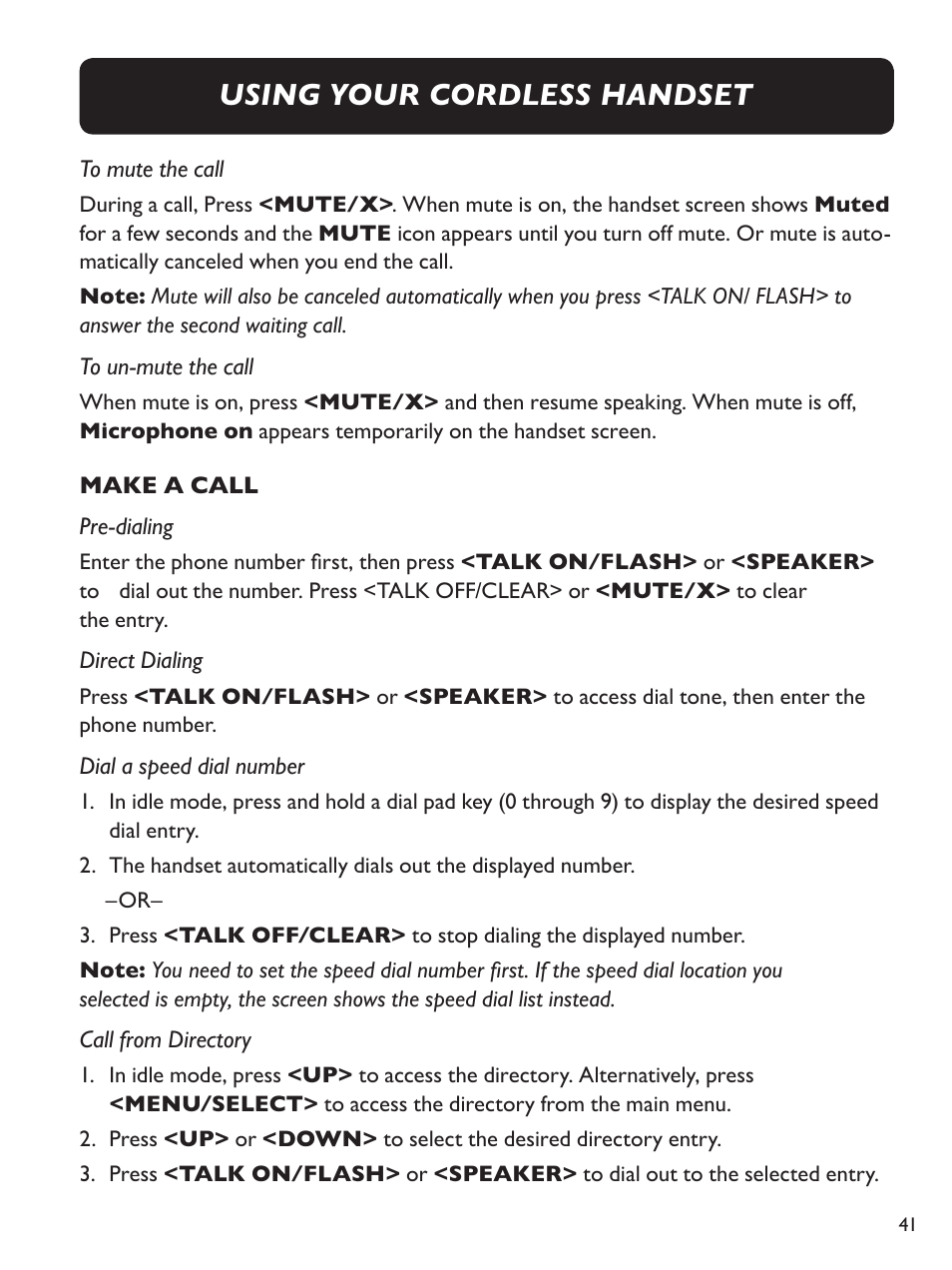 Using your cordless handset | Clarity Amplified Big Button Cordless Phone with Corded Digital Answering Machine E713CC User Manual | Page 41 / 64