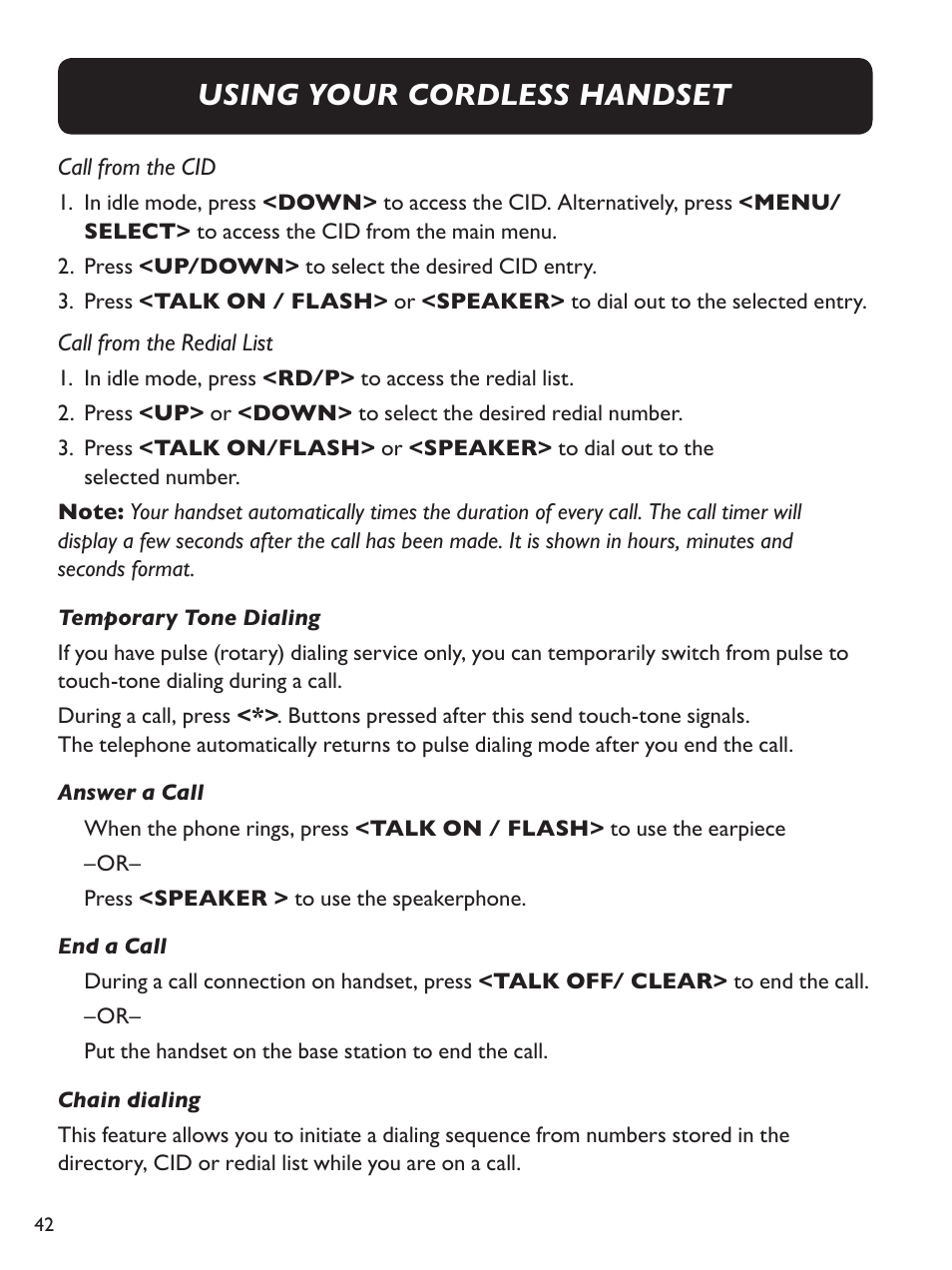 Using your cordless handset | Clarity Amplified Big Button Cordless Phone with Corded Digital Answering Machine E713CC User Manual | Page 42 / 64