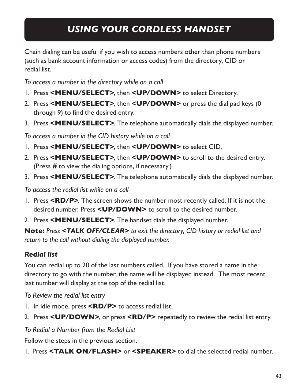 Using your cordless handset | Clarity Amplified Big Button Cordless Phone with Corded Digital Answering Machine E713CC User Manual | Page 43 / 64