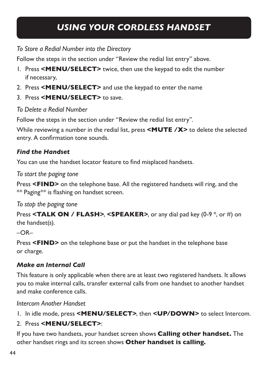 Using your cordless handset | Clarity Amplified Big Button Cordless Phone with Corded Digital Answering Machine E713CC User Manual | Page 44 / 64