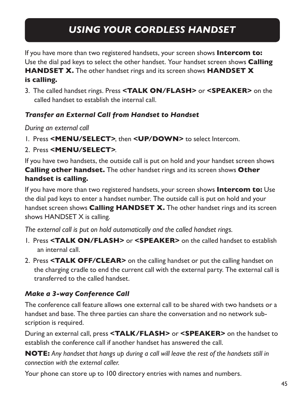 Using your cordless handset | Clarity Amplified Big Button Cordless Phone with Corded Digital Answering Machine E713CC User Manual | Page 45 / 64