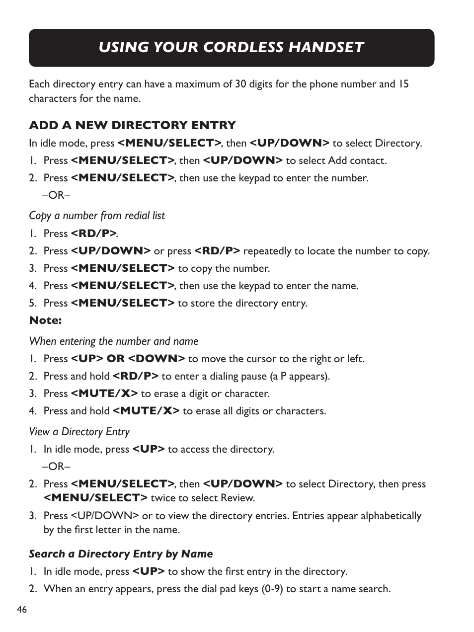 Using your cordless handset | Clarity Amplified Big Button Cordless Phone with Corded Digital Answering Machine E713CC User Manual | Page 46 / 64