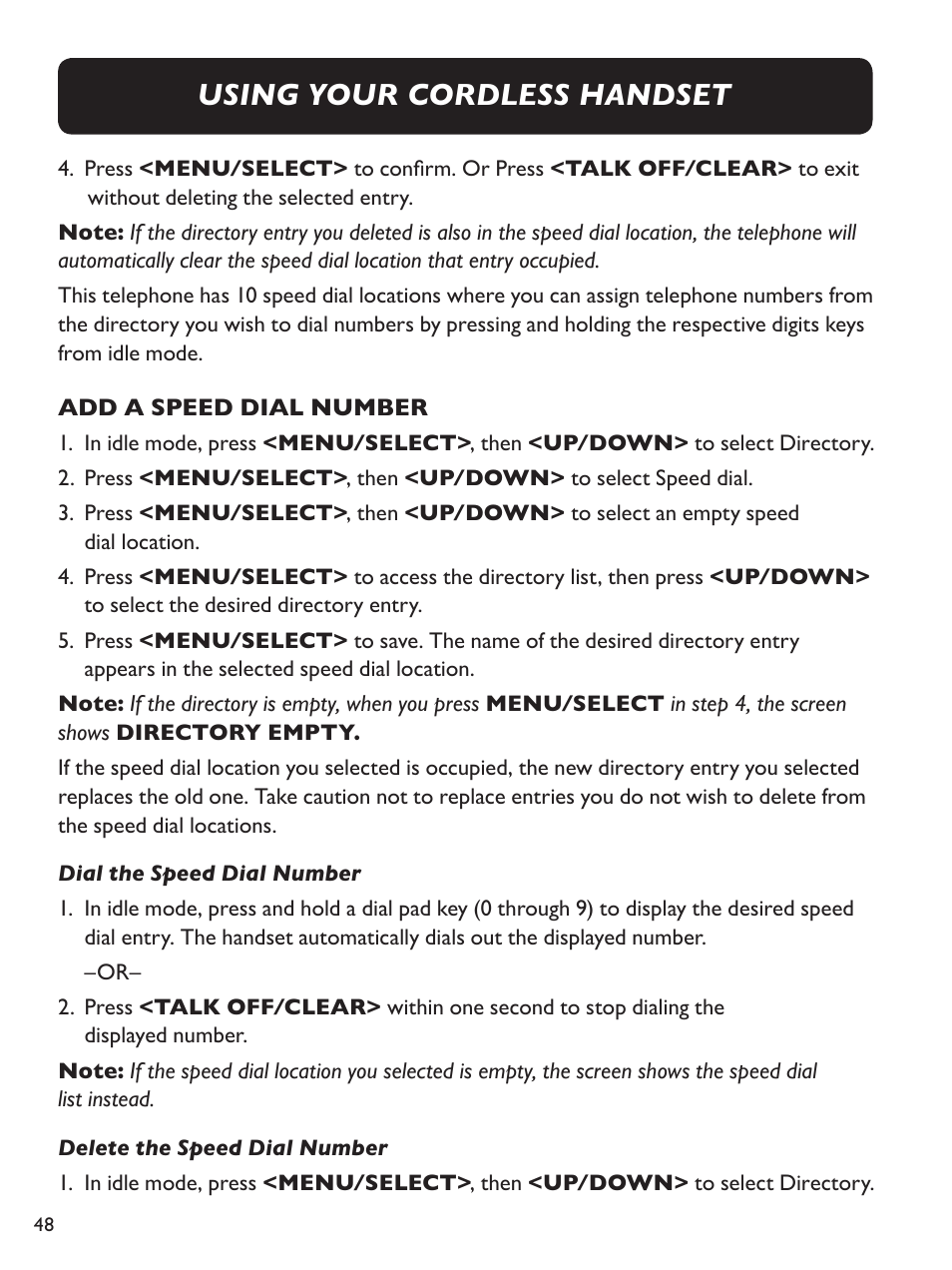 Using your cordless handset | Clarity Amplified Big Button Cordless Phone with Corded Digital Answering Machine E713CC User Manual | Page 48 / 64