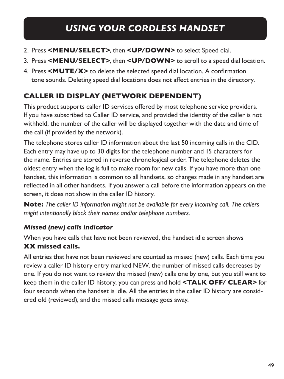 Using your cordless handset | Clarity Amplified Big Button Cordless Phone with Corded Digital Answering Machine E713CC User Manual | Page 49 / 64