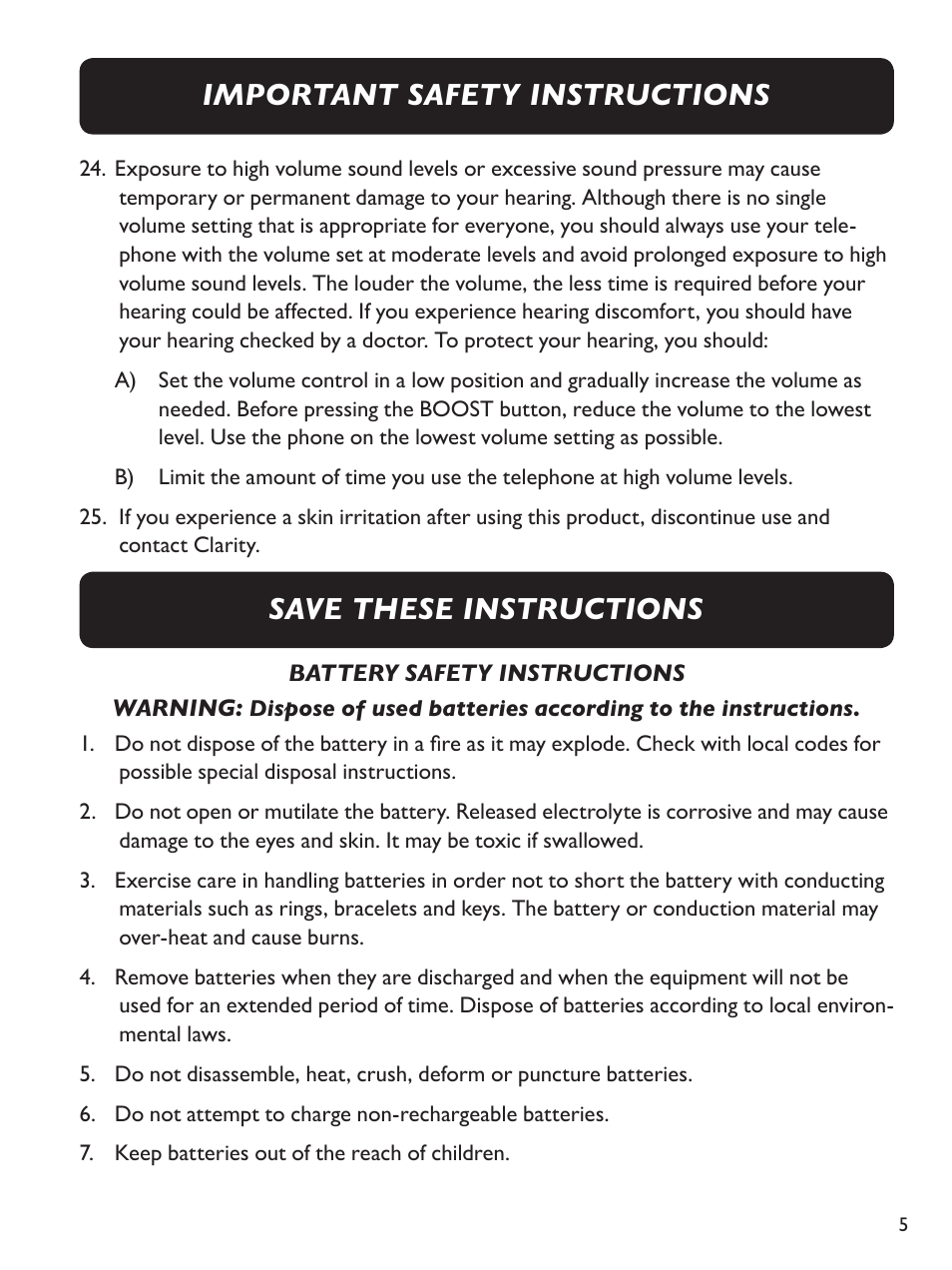 Save these instructions, Important safety instructions | Clarity Amplified Big Button Cordless Phone with Corded Digital Answering Machine E713CC User Manual | Page 5 / 64