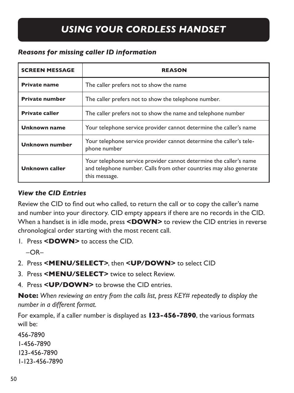 Using your cordless handset | Clarity Amplified Big Button Cordless Phone with Corded Digital Answering Machine E713CC User Manual | Page 50 / 64