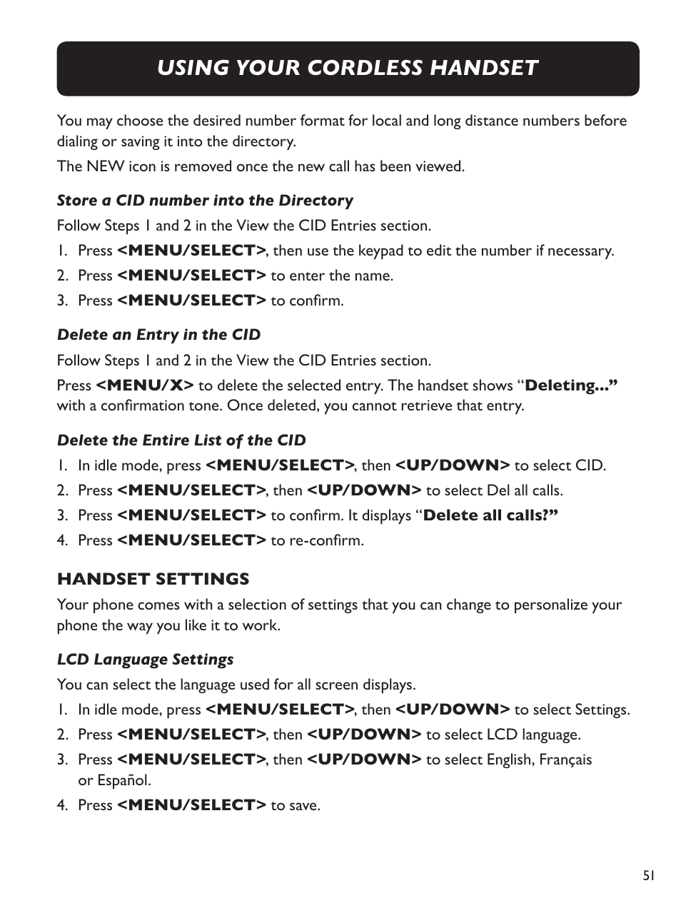 Using your cordless handset | Clarity Amplified Big Button Cordless Phone with Corded Digital Answering Machine E713CC User Manual | Page 51 / 64