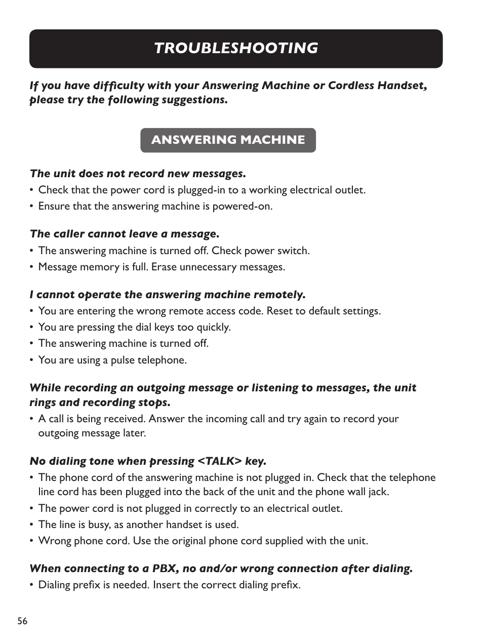 Troubleshooting | Clarity Amplified Big Button Cordless Phone with Corded Digital Answering Machine E713CC User Manual | Page 56 / 64