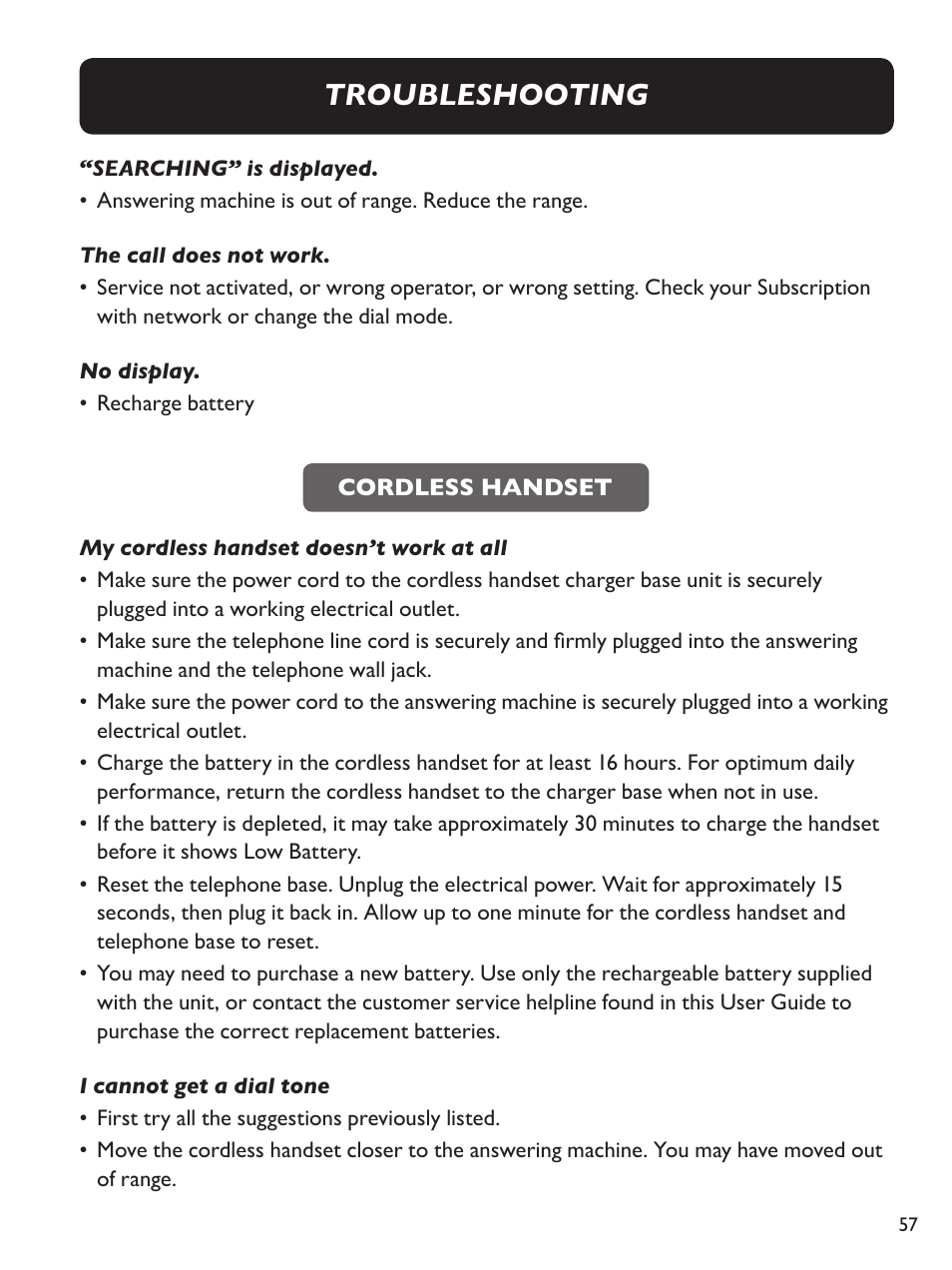 Troubleshooting | Clarity Amplified Big Button Cordless Phone with Corded Digital Answering Machine E713CC User Manual | Page 57 / 64