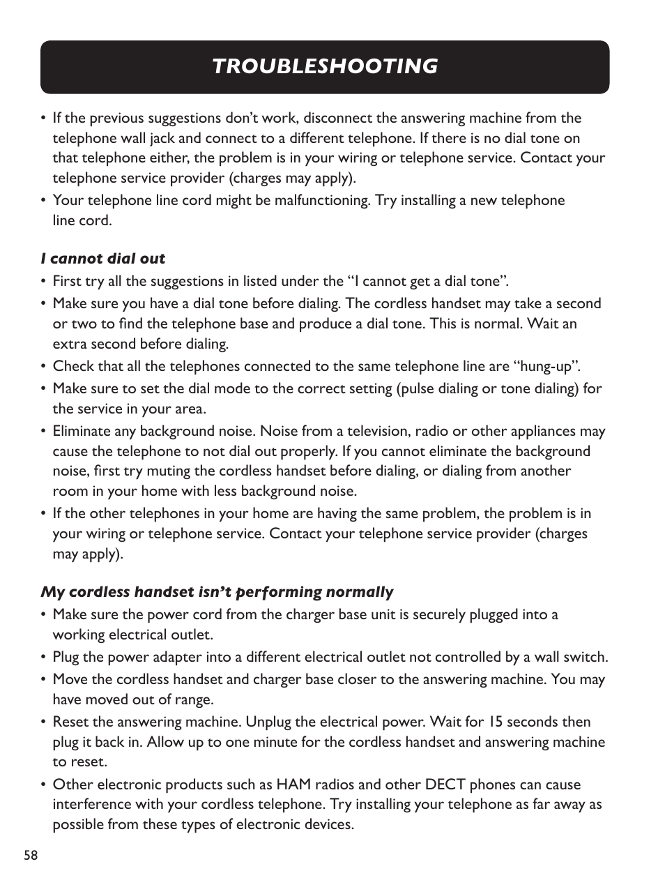 Troubleshooting | Clarity Amplified Big Button Cordless Phone with Corded Digital Answering Machine E713CC User Manual | Page 58 / 64