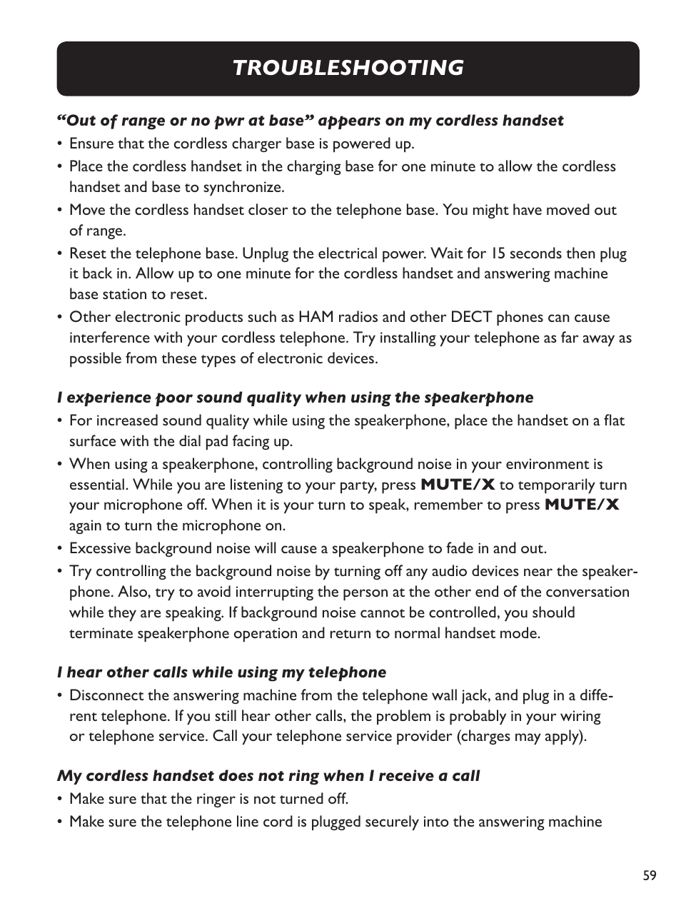 Troubleshooting | Clarity Amplified Big Button Cordless Phone with Corded Digital Answering Machine E713CC User Manual | Page 59 / 64