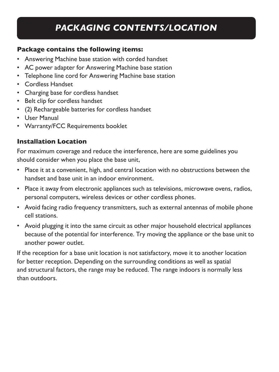 Packaging contents/location | Clarity Amplified Big Button Cordless Phone with Corded Digital Answering Machine E713CC User Manual | Page 6 / 64