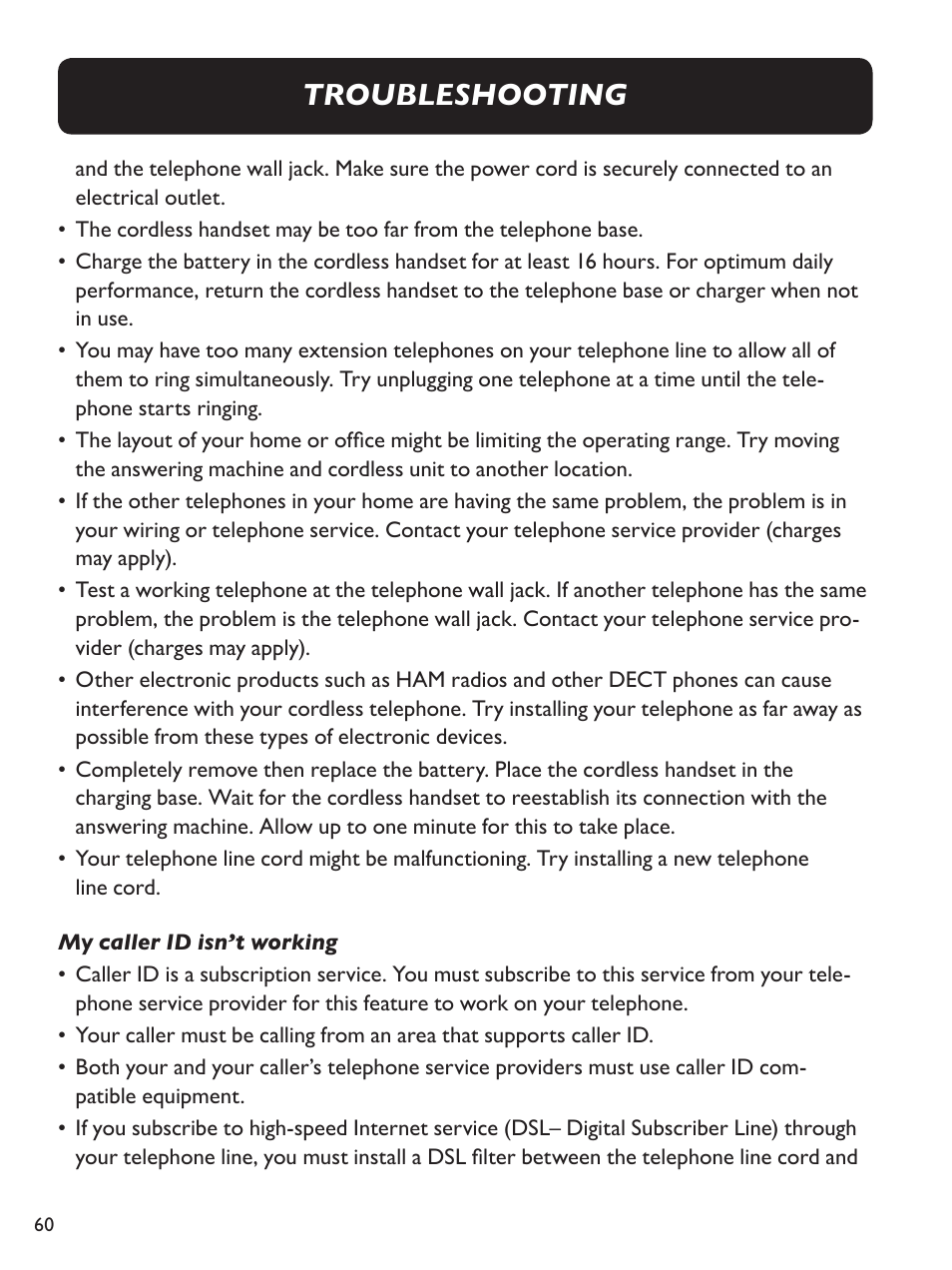 Troubleshooting | Clarity Amplified Big Button Cordless Phone with Corded Digital Answering Machine E713CC User Manual | Page 60 / 64