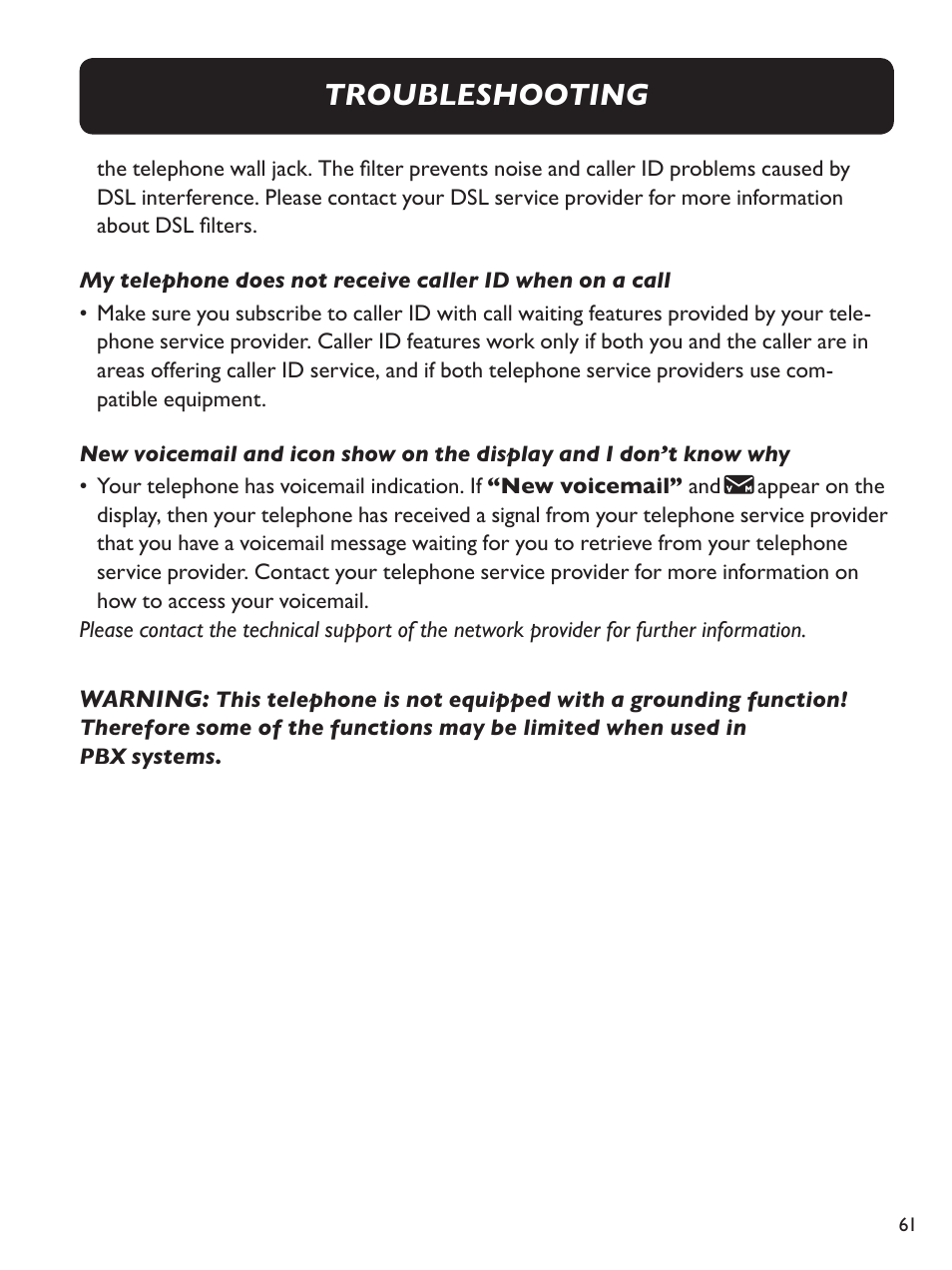 Troubleshooting | Clarity Amplified Big Button Cordless Phone with Corded Digital Answering Machine E713CC User Manual | Page 61 / 64