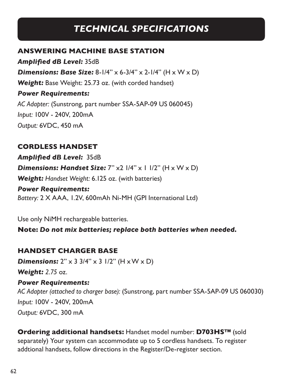 Technical specifications | Clarity Amplified Big Button Cordless Phone with Corded Digital Answering Machine E713CC User Manual | Page 62 / 64