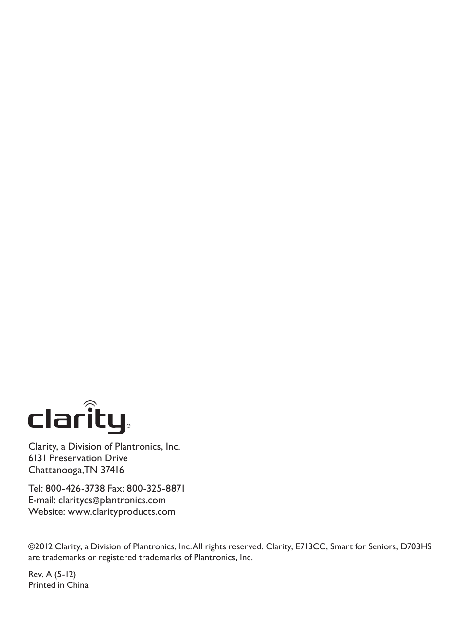 Clarity Amplified Big Button Cordless Phone with Corded Digital Answering Machine E713CC User Manual | Page 64 / 64