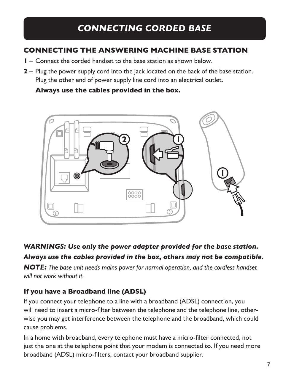 Connecting corded base | Clarity Amplified Big Button Cordless Phone with Corded Digital Answering Machine E713CC User Manual | Page 7 / 64