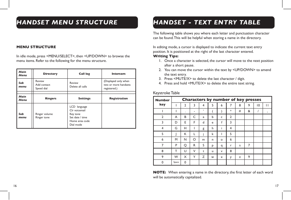 Handset - text entry table handset menu structure | Clarity DECT6.0 User Manual | Page 10 / 25