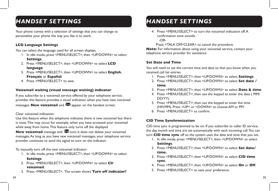 Handset settings | Clarity DECT6.0 User Manual | Page 19 / 25
