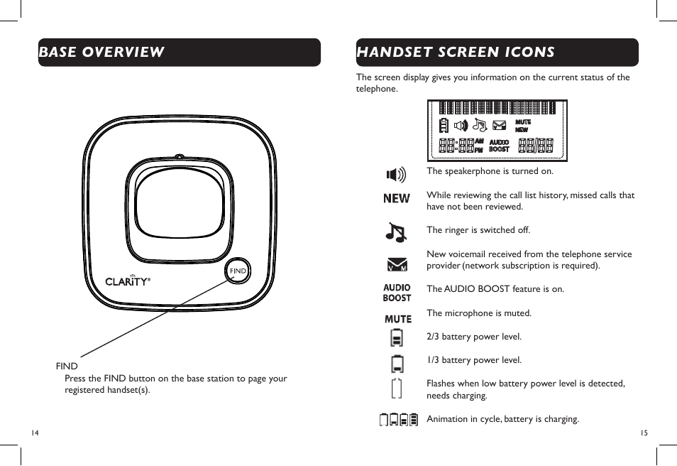 Base overview, Handset screen icons | Clarity DECT6.0 User Manual | Page 9 / 25