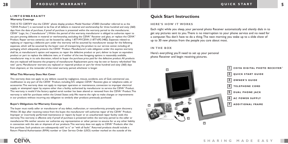 Quick start instructions | Ceiva 2 Digital Photo Receiver LF-2003 User Manual | Page 5 / 16