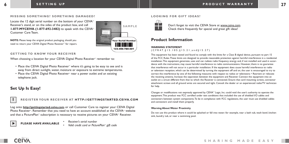 Product information, Set up is easy | Ceiva 2 Digital Photo Receiver LF-2003 User Manual | Page 6 / 16