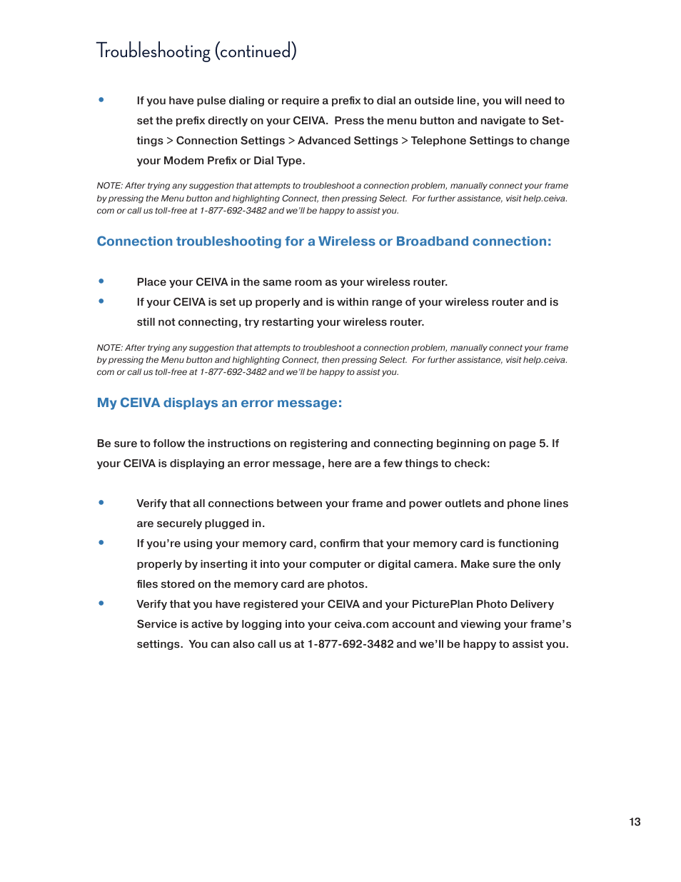 Troubleshooting (continued) | Ceiva SHR508A-US User Manual | Page 13 / 22