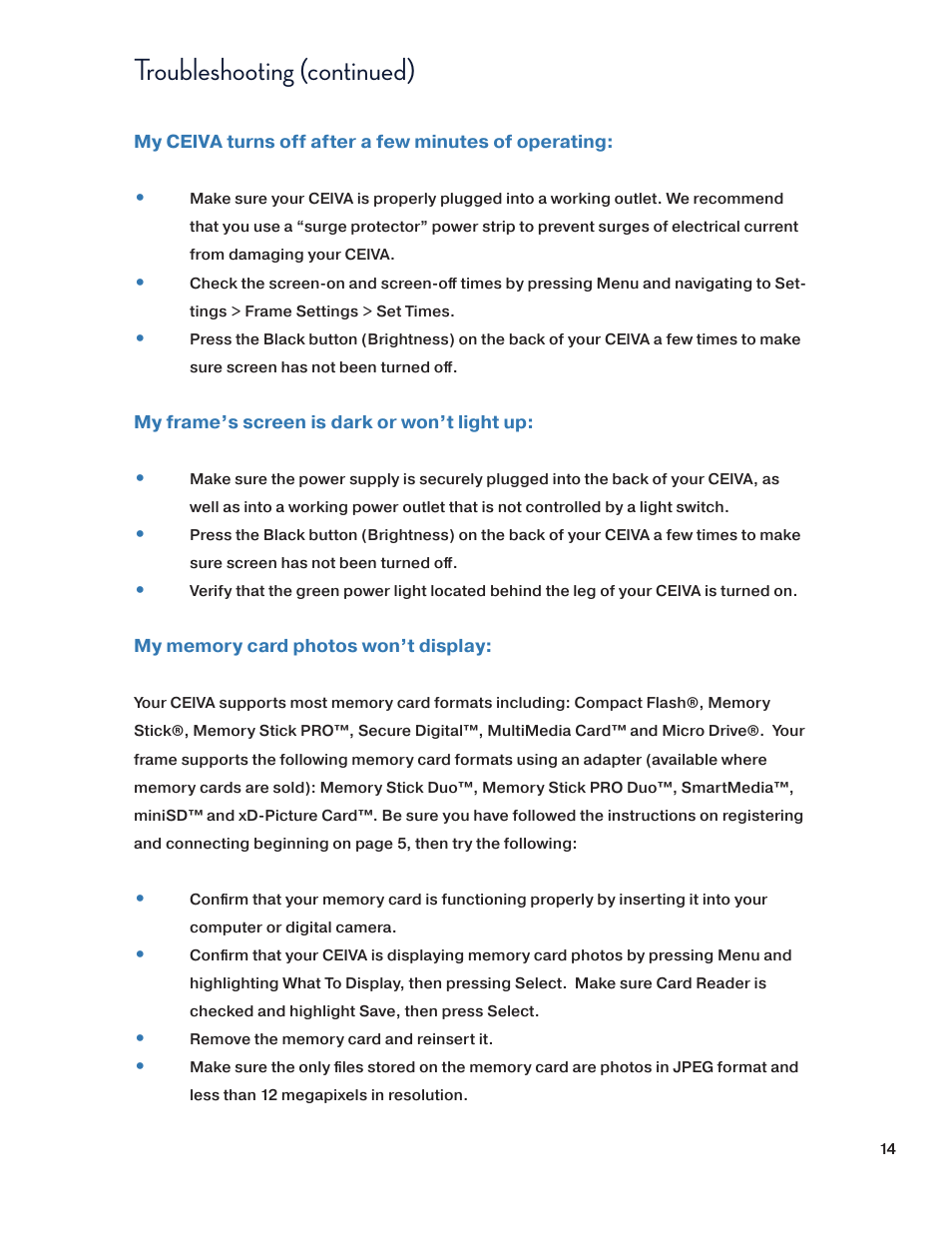 Troubleshooting (continued) | Ceiva SHR508A-US User Manual | Page 14 / 22