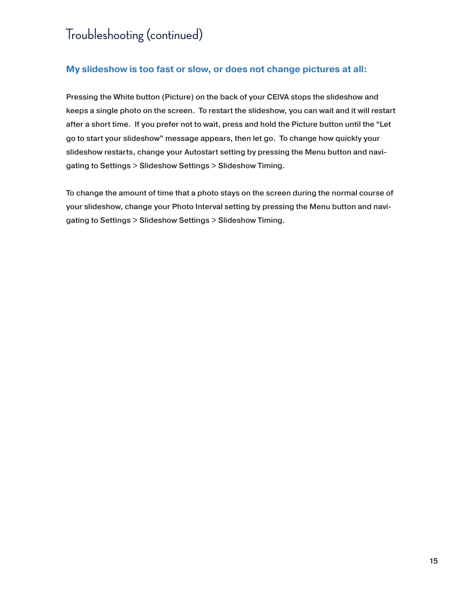 Troubleshooting (continued) | Ceiva SHR508A-US User Manual | Page 15 / 22