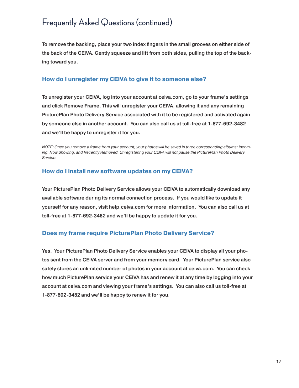 Frequently asked questions (continued) | Ceiva SHR508A-US User Manual | Page 17 / 22