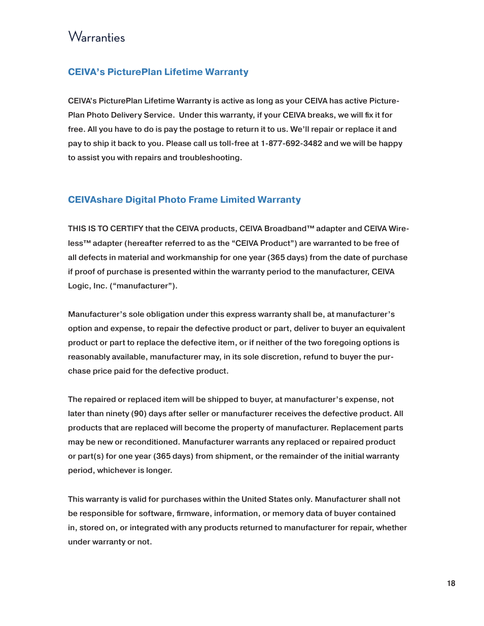 Warranties | Ceiva SHR508A-US User Manual | Page 18 / 22