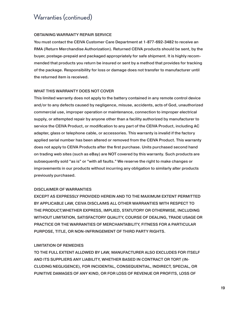 Warranties (continued) | Ceiva SHR508A-US User Manual | Page 19 / 22