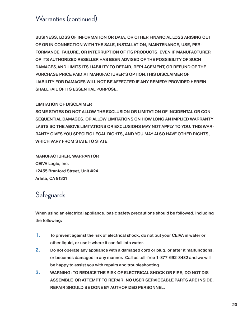 Safeguards, Warranties (continued) | Ceiva SHR508A-US User Manual | Page 20 / 22