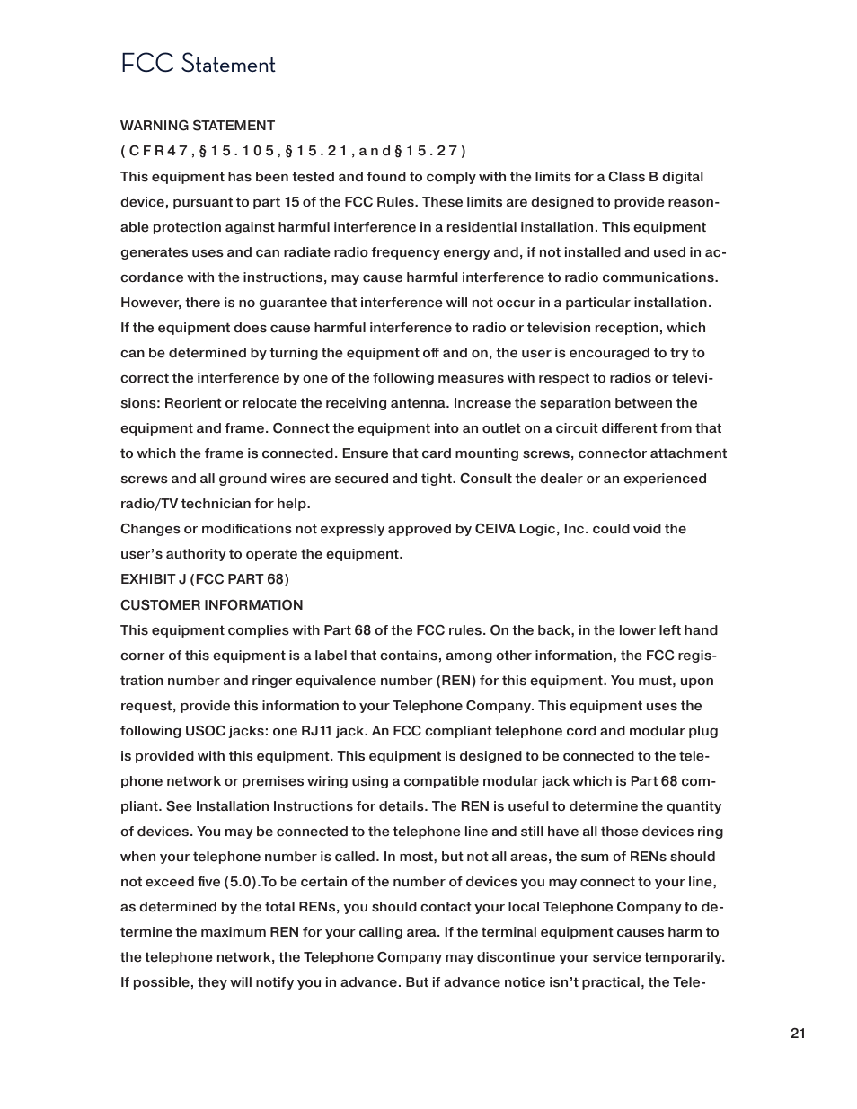 Fcc statement | Ceiva SHR508A-US User Manual | Page 21 / 22