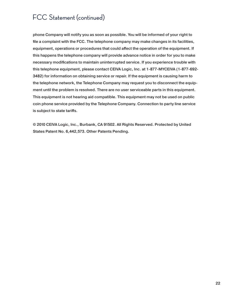 Fcc statement (continued) | Ceiva SHR508A-US User Manual | Page 22 / 22