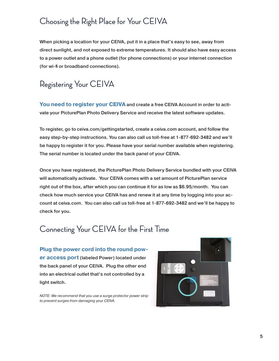 Choosing the right place for your ceiva, Registering your ceiva, Connecting your ceiva for the first time | Ceiva SHR508A-US User Manual | Page 5 / 22